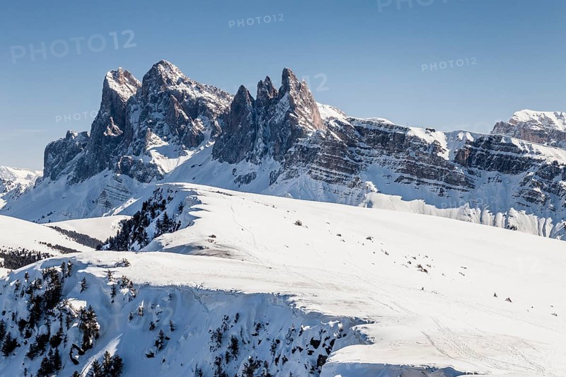 View from the Rasciesa above Ortisei in Val Gardena on the Odle