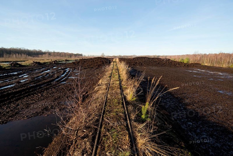 Peat cutting area and rail tracks to transport peat turves