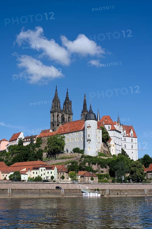 Elbe river in front of the Albrecht Castle with the cathedral of Meissen