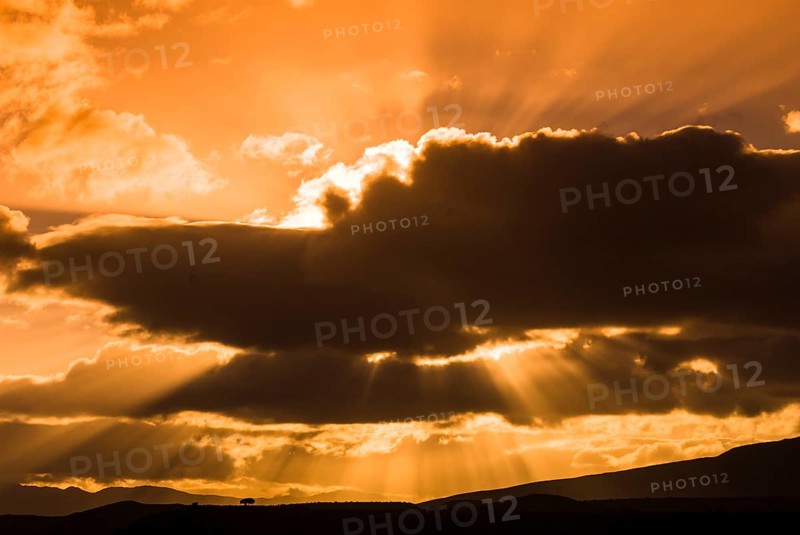 Sun rays breaking through the clouds in the evening light