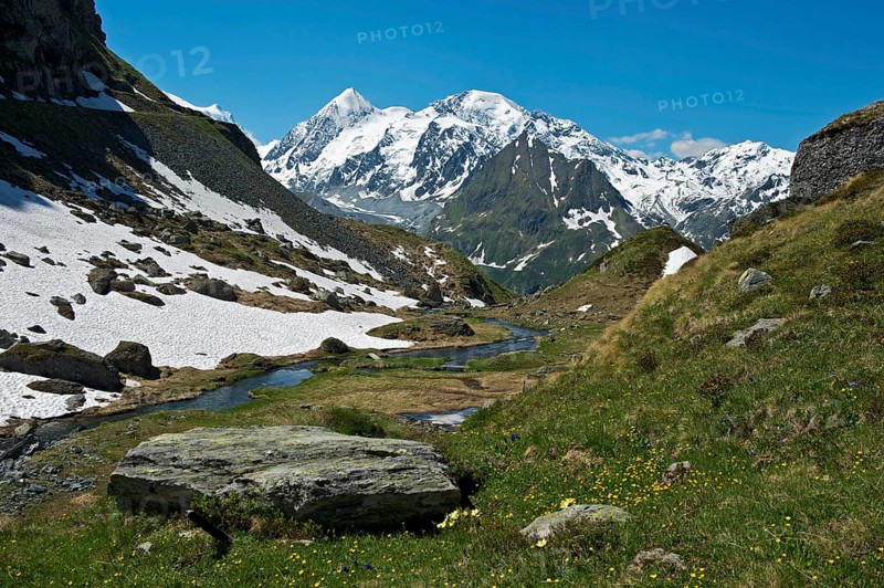 Valley with the Louvie stream in an alpine landscape with the peaks of Combin de Corbassiere Mountain