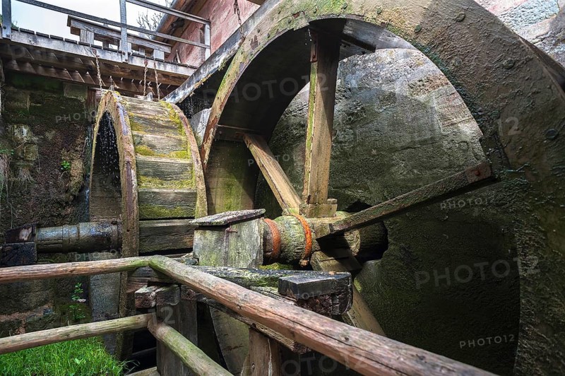 Two overshot water wheels of a flour mill