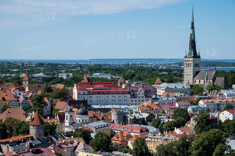 City view with St Olaf's Church or Oleviste Kirik and harbour at the Baltic Sea