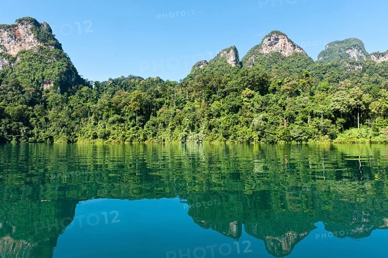 Forested karst limestone mountains with jungle vegetation reflected in the water