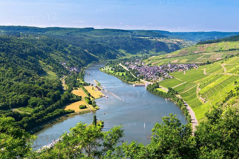 Moselle River with the village of Enkirch surrounded by vineyards