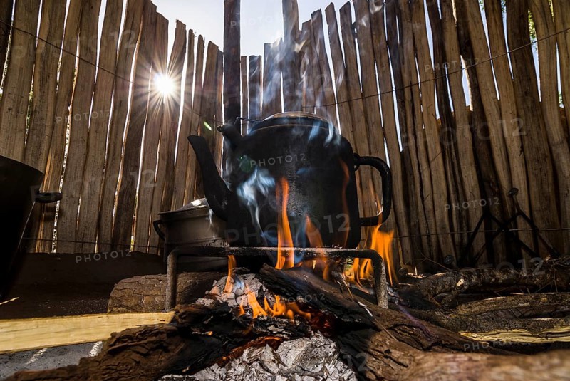 Kettle over an open fire in the kitchen