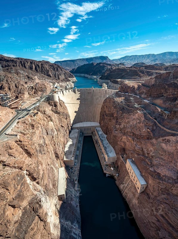 View from the Hoover Dam Bypass Bridge to the dam of the Hoover Dam