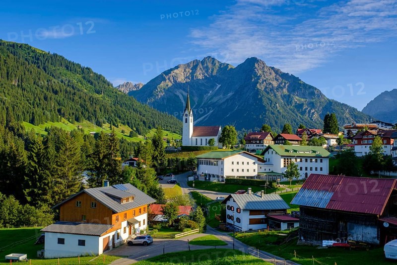 Village Hirschegg with mountains Elferkopf and Zwolferkopf