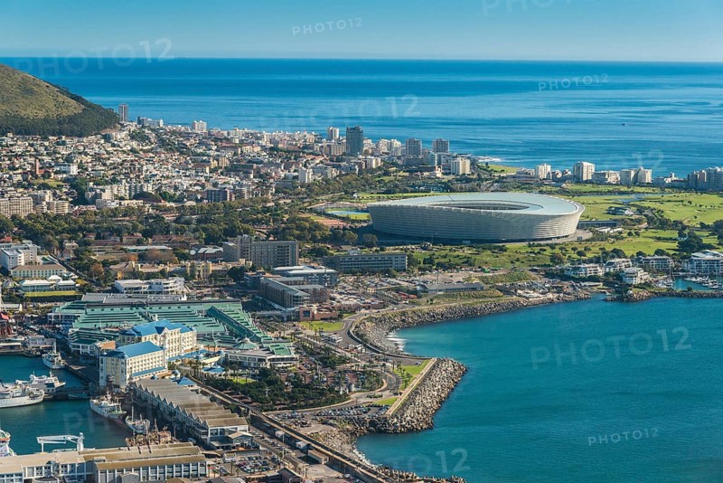 Aerial view with the harbour and the Green Point Stadium