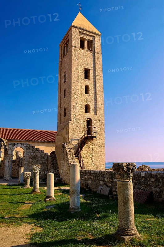 The Romanesque Bell Tower and medieval pillars of the church of St John The Evangelist