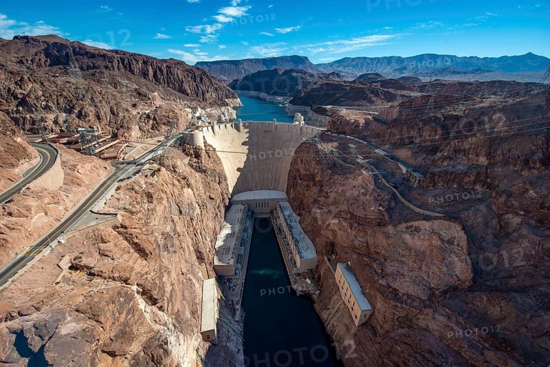 View from the Hoover Dam Bypass Bridge to the dam of the Hoover Dam