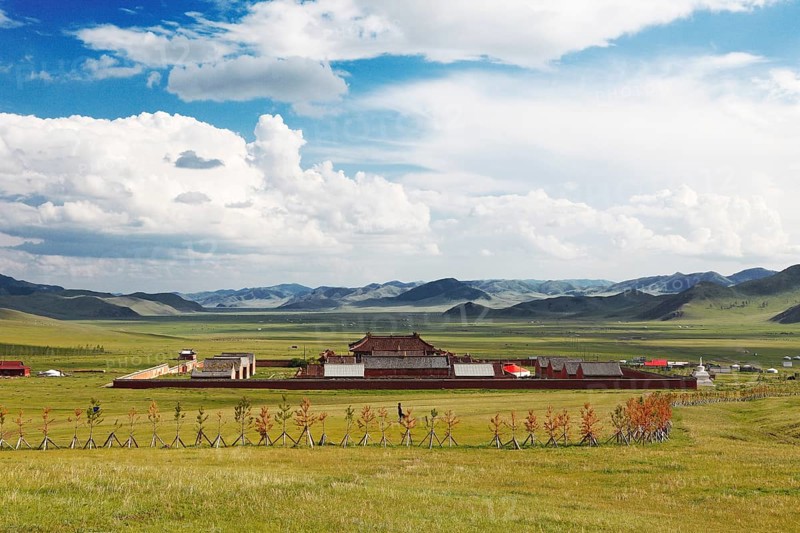 Amarbayasgalant Monastery in green grass landscape