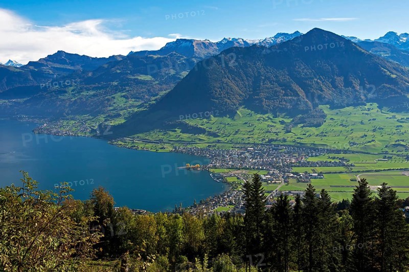 View from Mt Burgenstock of the municipality of Buochs on Lake Lucerne