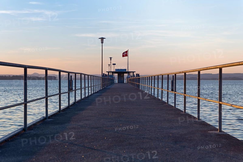 Railing of the ship pier of Mannenbach in the evening light