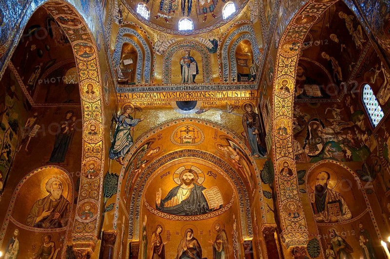 Byzantine mosaics with Christ Pantocrator above the altar at the Palatine Chapel or Cappella Palatina