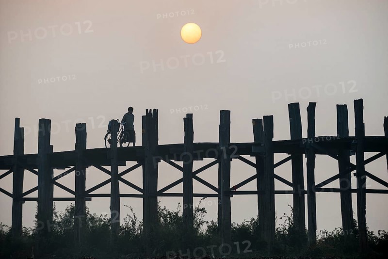 Man with a bicycle on a teak bridge