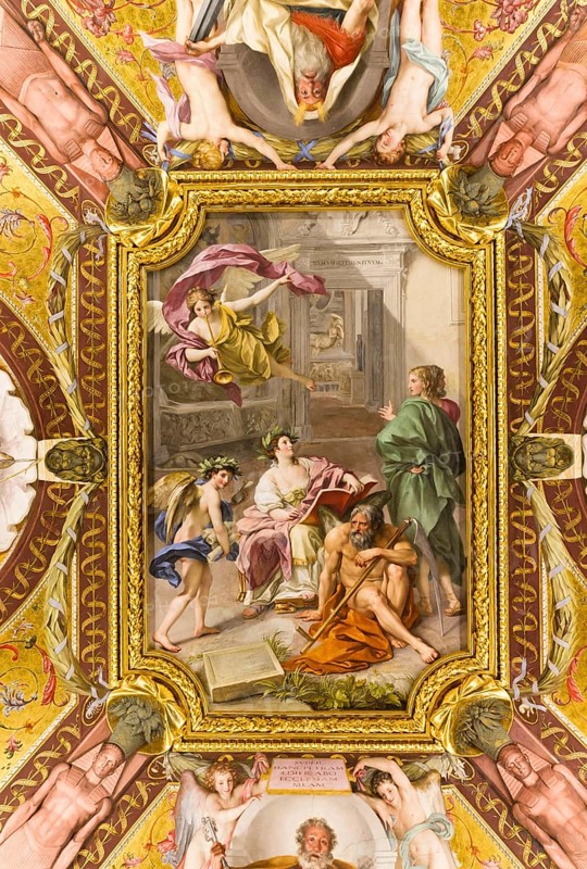 Ceiling fresco with golden stucco frame