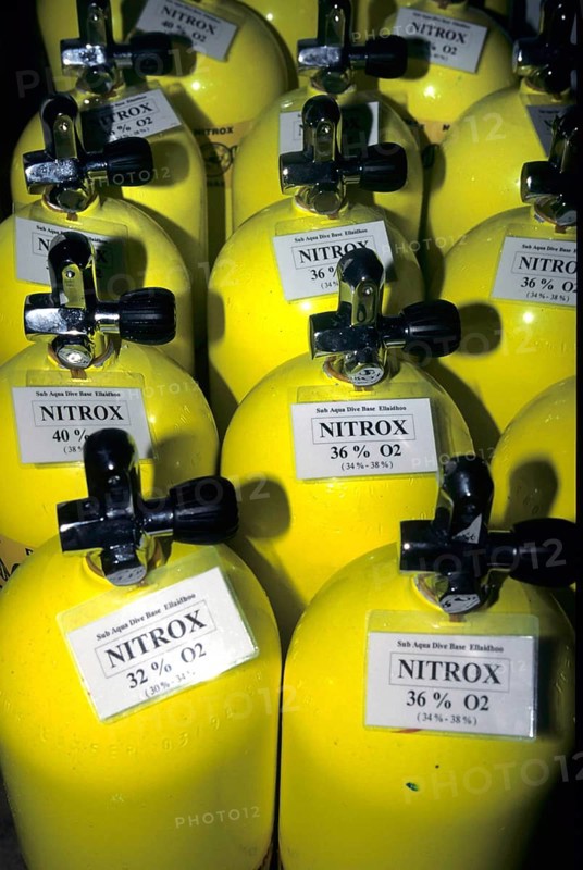 Compressed air cylinders or scuba tanks with Nitrox for diving