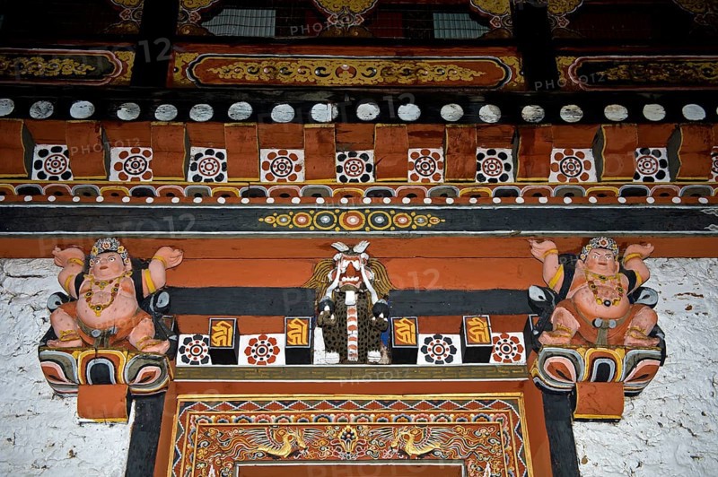 Typical Bhutanese decorative elements of a building