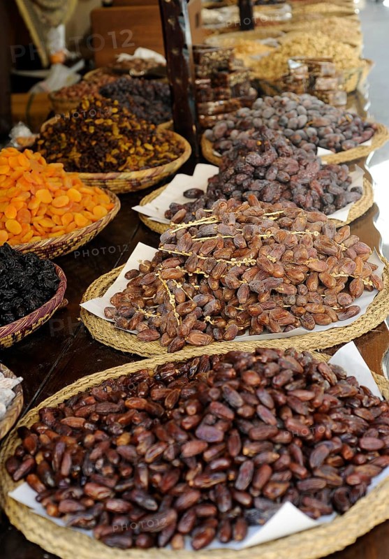 Dried fruit for sale in market stall at the annual All Saints Market in Cocentaina