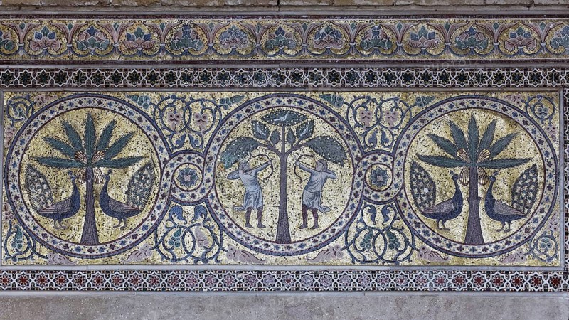 Byzantine mosaic with two Norman archers in the Norman castle of La Zisa