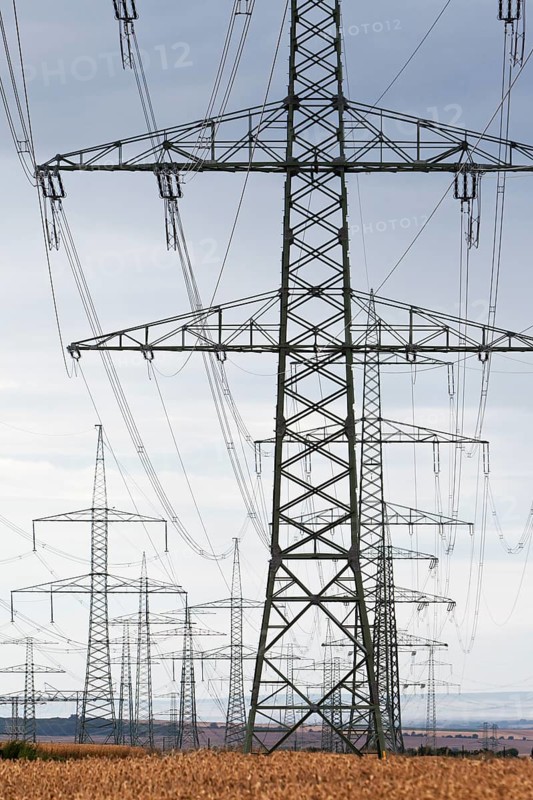 Newly erected high-voltage pylons of the South-West Interconnector of the transmission system operator 50 Hertz