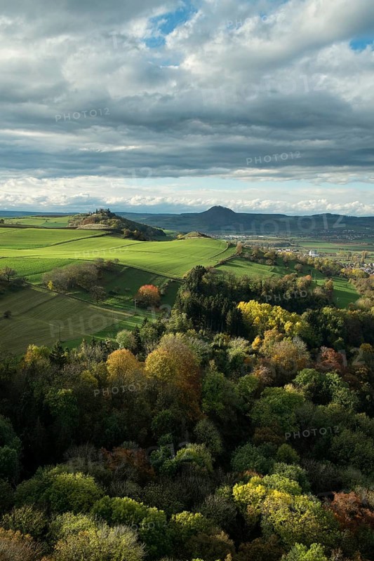 View from the fortress ruins of Hohenkrahen Castle over the Hegau landscape with Magdeberg Mountain and Hohenhewen Mountain