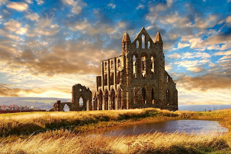 Gothic Whitby Abbey at sunset