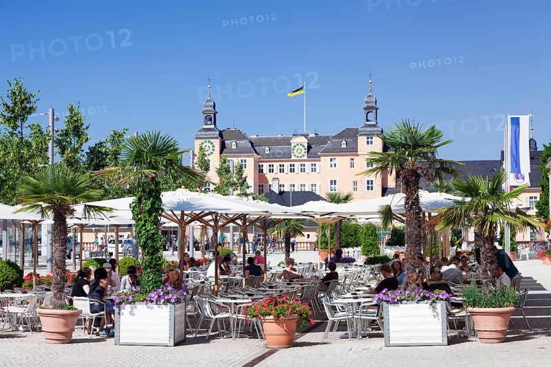 Sidewalk cafe and Schloss Schwetzingen Castle
