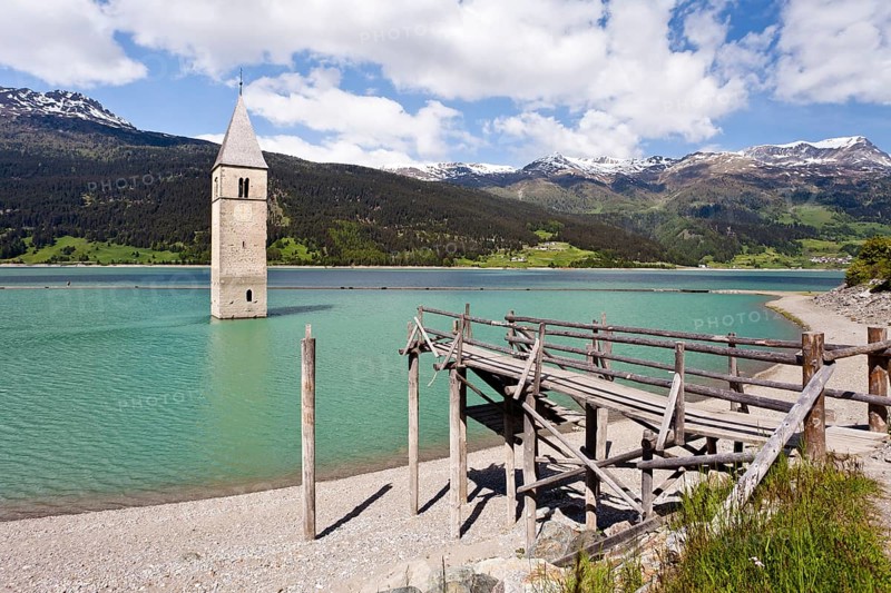 Steeple of Altgraun in Lake Reschen