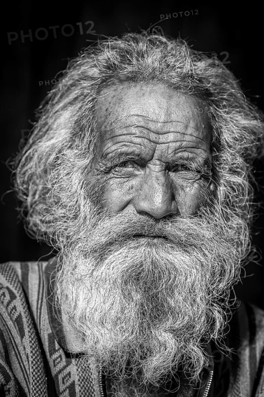 Black and white portrait of an elderly Sadhu