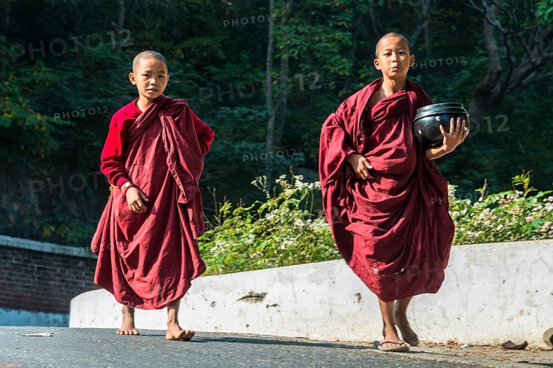 Young Buddhist novices with begging bowls collecting alms in the morning