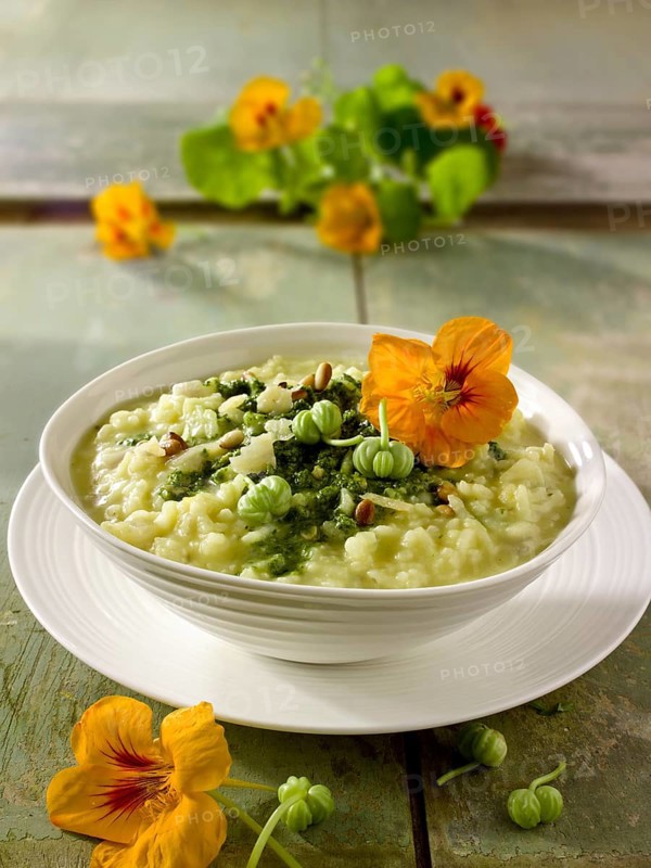 Pesto Risotto with nasturtium flowers