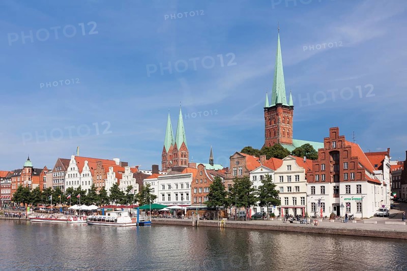 Stadttrave river or Trave River with the historic centre of Lubeck