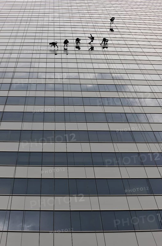 Window cleaners cleaning a glass facade