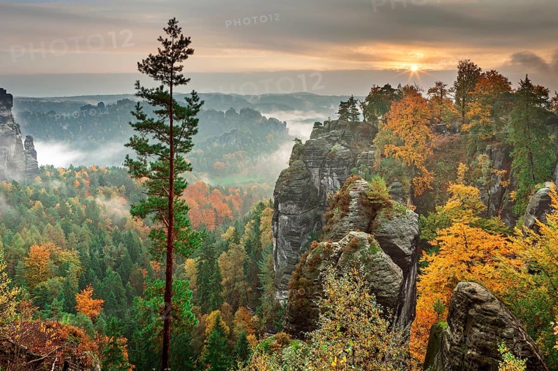 View from the Bastei in fall at dawn