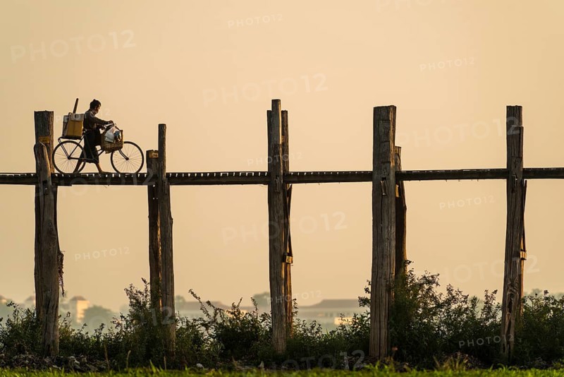 Man with a bike walking on a teak bridge