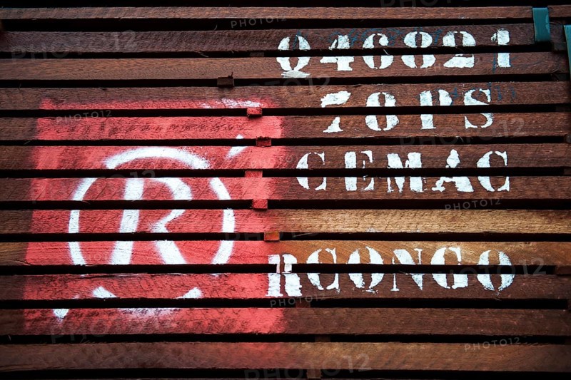 Labeled tropical timber on a truck