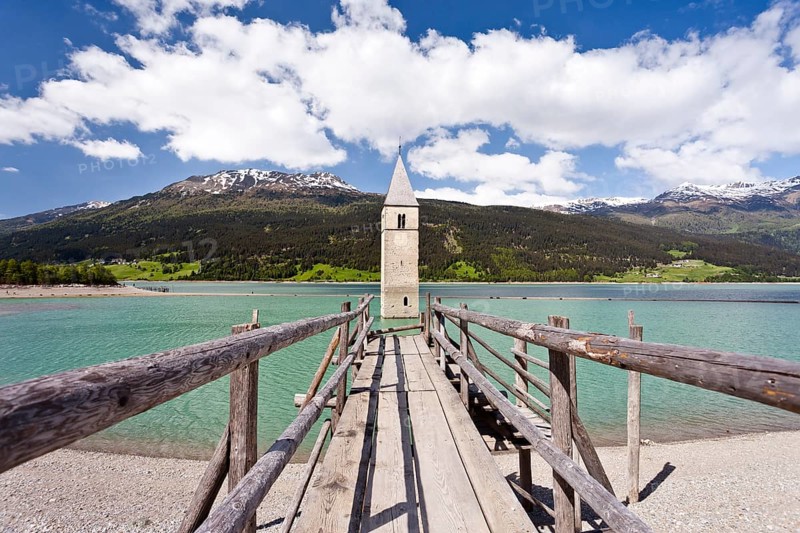 Steeple of Altgraun in the Reschensee reservoir