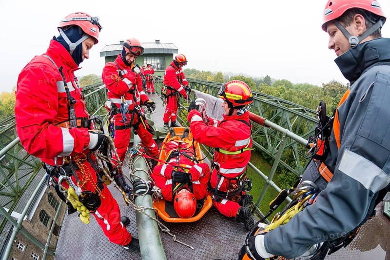 Firefighters practicing rescue from heights on the old Henrichenburg boat lift