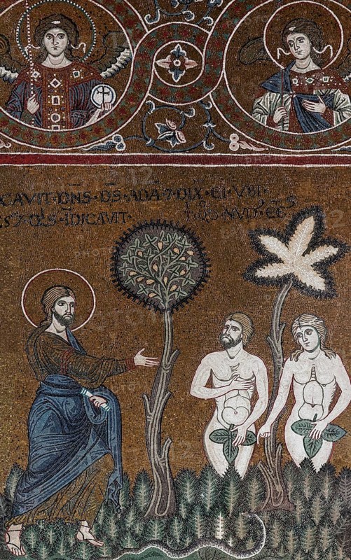 God speaking to Adam and Eve who are covered with a fig leaf