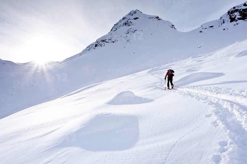 Ski tourer on the ascent to Mt Ellesspitze in Pflerschtal Valley