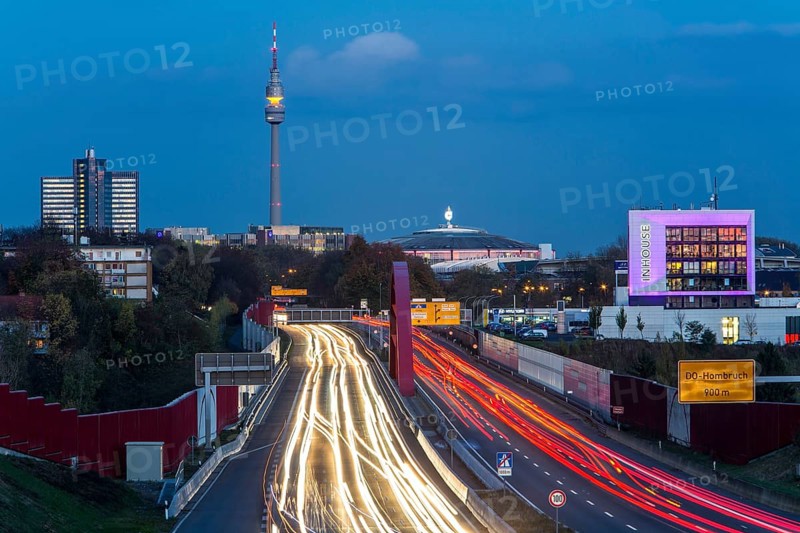A40 motorway or Ruhrschnellweg with the skyline of Dortmund