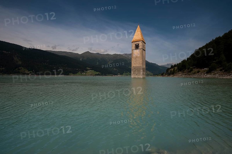 Church tower of Alt-Graun in Lake Reschen
