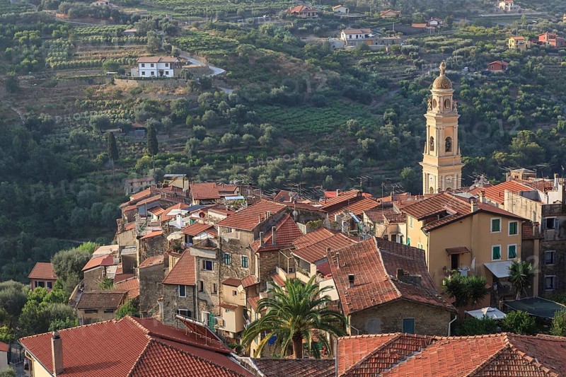 View over the red rooftops of Vallebona with the Church of San Lorenzo