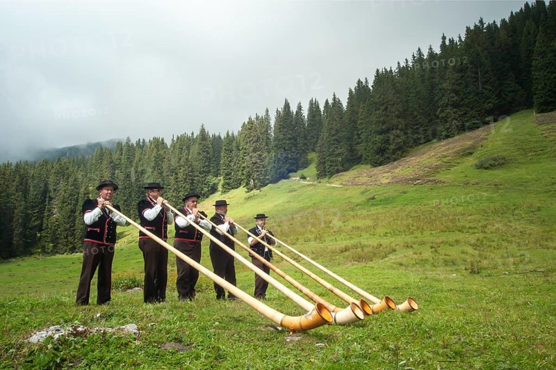 Group of alphorn players performing on a meadow in Justistal valley