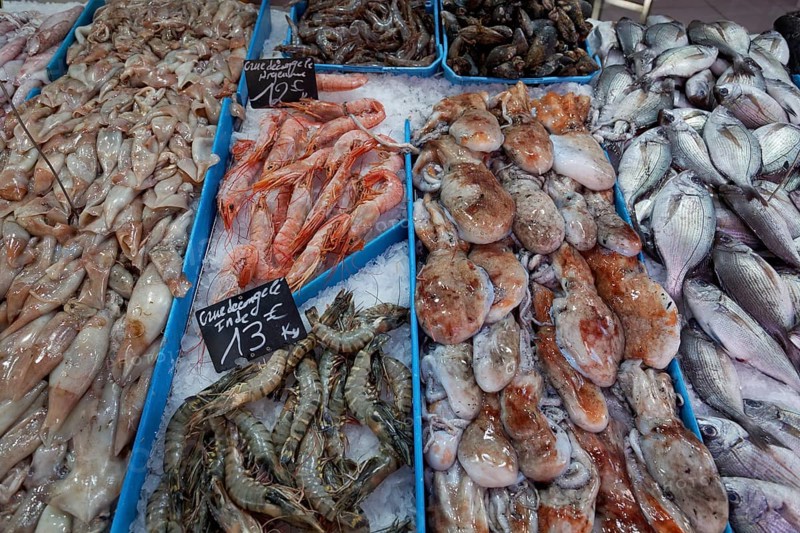 Display of a fishmonger at the Marche des Capucins market in the district of Noailles, Marseille