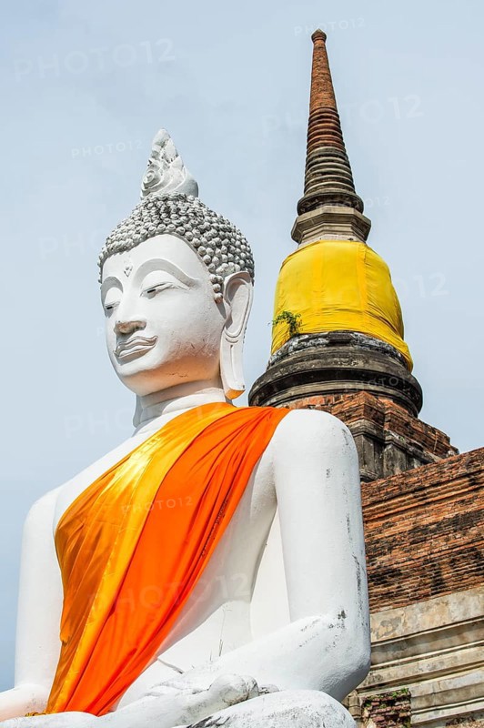 Buddha statue in front of the stupa at Wat Yai Chai Mongkhon