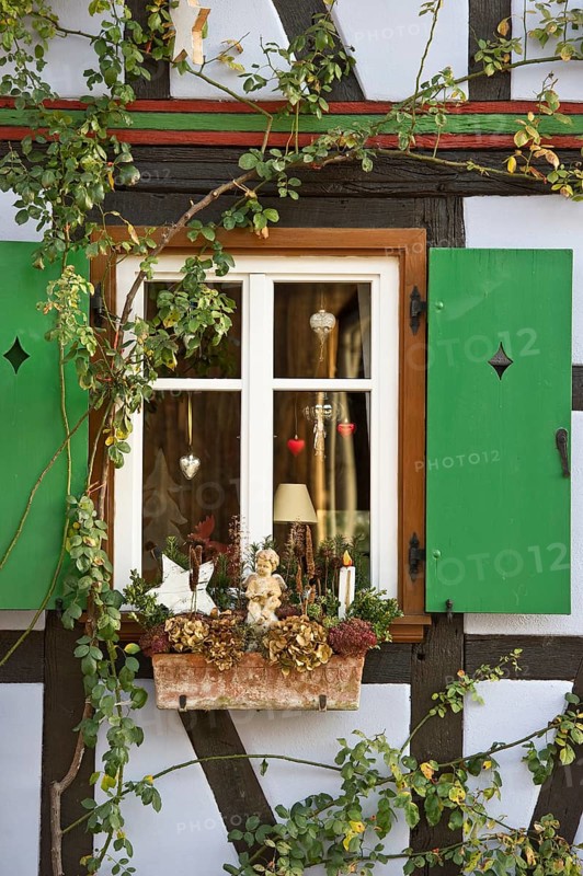 Half-timbered house with Christmas decorations