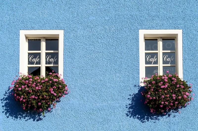 Windows labelled 'Cafe' with flowers